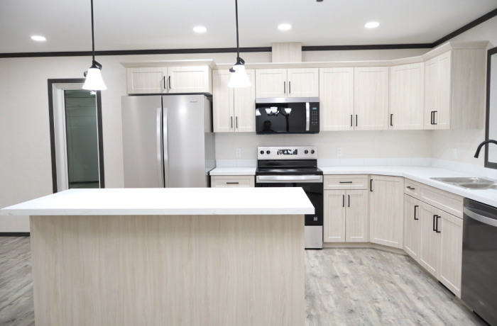Kitchen and dining area with open floor plan