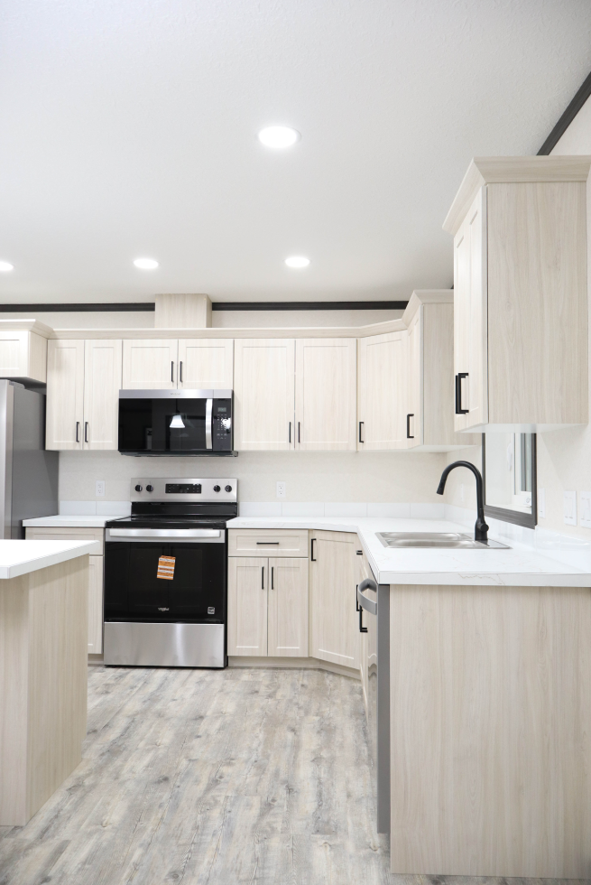 Open kitchen design with modern appliances in modular home